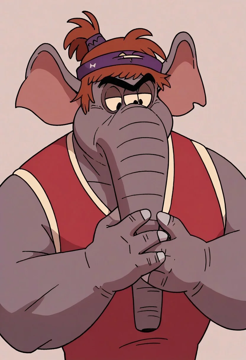 (score_9 | score_8_up | score_7_up)
((masterpiece:1))(best quality,very high quality,ultra detailed:1.2)
(2D,cartoon style,anime style)(Smooth:2)(clean blurring)
(four fingers on each hand,one thumb on each hand:1), Abu elephant, solo, brown hair, grey skin, black eyes, trunk, trunk nose, elephant trunk, elephant ears, monkey tail, purple vest, red and purple hat, alien, muscular, +++three eyes, extra eye, grey skin color, upper body