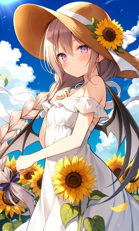 1girl, sensitive, solo, long hair, looking at viewer, blush, dress, hat, ribbon, hair between eyes, closed mouth, bare shoulders, very long hair, purple eyes, braid, flower, outdoors, wings, sky, day, cloud, white dress, blue sky, sun hat, yellow flower, hat flower, straw hat, sunflower