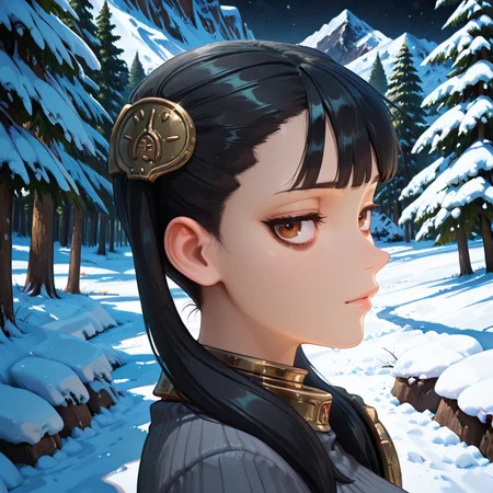 <lora:ChamIllustriousBackgroundEnhancer:0.5>, masterpiece, very aesthetic, absurdres, best quality, amazing quality, high resolution, newest, very awa, scenery, (looking at viewer), <lora:spo_sdxl_10ep_4k-data_lora_Illustrious:0.8> <lora:StabilizerIllustrious:0.8> , masterpiece, beautifully drawn, elegantly detailed, solo, <lora:AsheiIL:0.8> , AshDef, 1girl, black hair, twintails, hair over shoulder, brown eyes, bags under eyes, hair ornament, gorget, grey sweater, ribbed sweater, single pauldron, looking at viewer, exterior, forest, snow, mountains, night, (close-up), portrait, centered, from side,