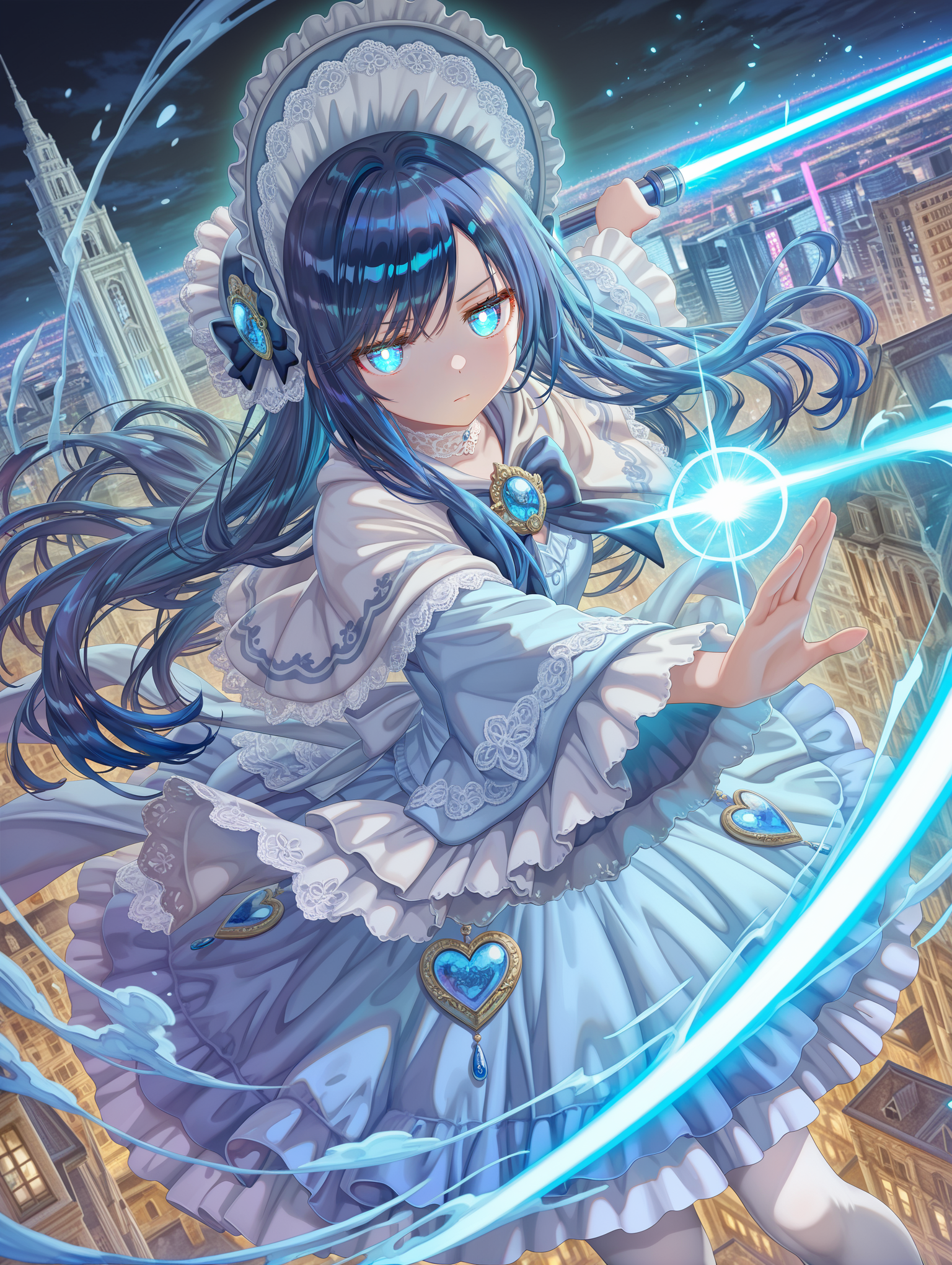 1girl,(artist:ningen_mame:0.9),(artist:sho_(sho_lwlw):0.9),artist:torino aqua,cuique,brooch,bonnet,capelet,blue hair,himecut,long hair,floating hair,swept bangs,lace choker,blue dress,blue eyes,jitome,fighting stance,magical girl,dynamic angle,wide sleeves,white pantyhose,glowing eyes,aura,lighting particles,floating,at night,in the sky,city scape,serious,casting spell,holding blue beam saber,best quality,rich details,very aesthetic,intricate details
,masterpiece,best quality,amazing quality,