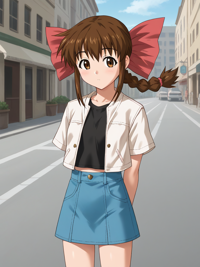 1girl, solo, tamaovgrebirth, brown hair, braided ponytail, pink bow, hair bow, brown eyes, white jacket, cropped jacket, short sleeves, black shirt, denim skirt, outdoors, street, arms behind back, standing, cowboy shot,
