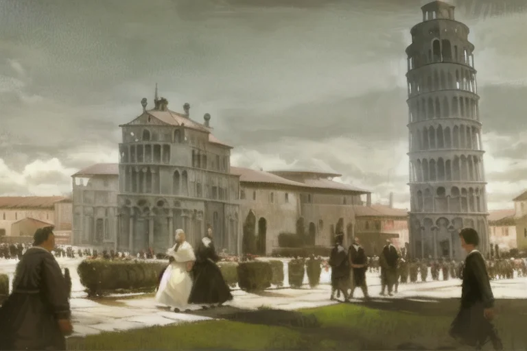a painting of a group of people walking in front of a tower of pisa in italy, with a cloudy sky