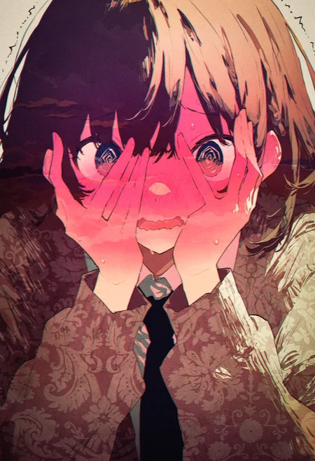 (by potg \(piotegu\), by hebitsukai:1.25), film grain, limited palette, flat color, realistic,
masterpiece, best quality, amazing quality, very aesthetic,
brown theme,
1girl, @_@, upper body shot, wavy mouth, trembling, big eyes, full-face blush, covering face,
<lora:nhl-001-20:0.9> nhl-001