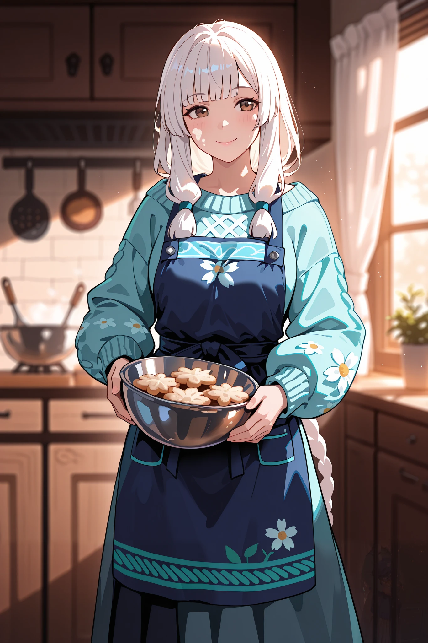 Masterpiece, best quality, ultra-detailed, absurdres, newest, cinematic, warm atmosphere,  
1girl, solo, kaguradefault, long white hair, blunt bangs, twin sidelocks braids, low ponytail, brown eyes, pastel blue apron, floral pattern, cozy oversized sweater, long flowing skirt, standing in kitchen, baking cookies, holding mixing bowl, soft warm smile, flour on cheek, homely atmosphere, wooden kitchen counter, warm sunlight filtering through curtains, blurred background, cinematic depth of field, painterly aesthetic, ultra sharp details  
