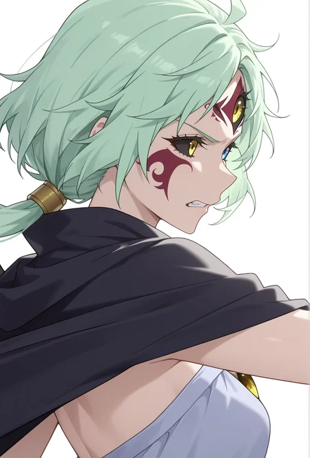 Smooth Quality,masterpiece,very intricate, high quality details, ultra realistic, high detailed skin,detailed enviorement,absurdres,
simple background, white background,solo,angry,
from side,dancing,
grimace,
<lora:Mjurran_cnn:0.7> mjurrancnn, demjurrancnn,1girl, short hair, green hair, yellow eyes, blue eyes, facial mark, colored sclera, black sclera, heterochromia, third eye, extra eyes,
dress,black cape,wings, low ponytail + long hair,