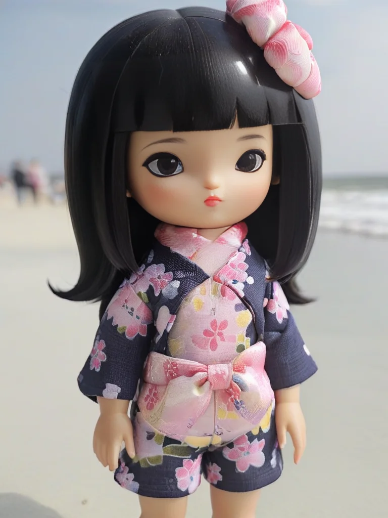 (Toon kids:1.3) a little MRkokeshiSakura full body doll <lora:MRkokeshiSakura:1> (at the beach:1.4)