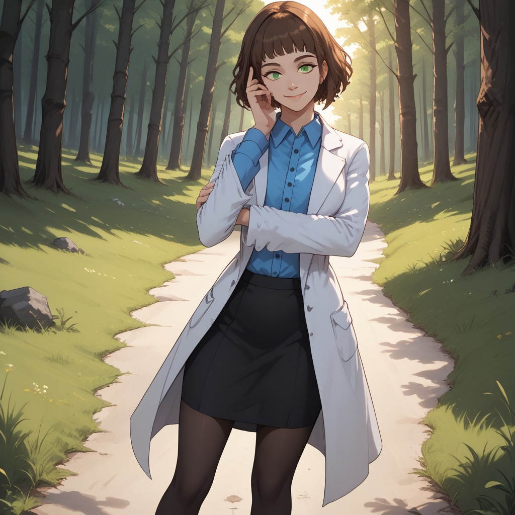 score_9, score_8, BREAK, solo, brown hair, short hair, green eyes, mole under eye, white lab coat, blue collared shirt, black skirt, black heels, Annie Alburton, sexy pose, self portrait, smile, outdoors, sunlight, shadows, evening lighting, natural lighting, forest, trees, grass, orange sky, sunset