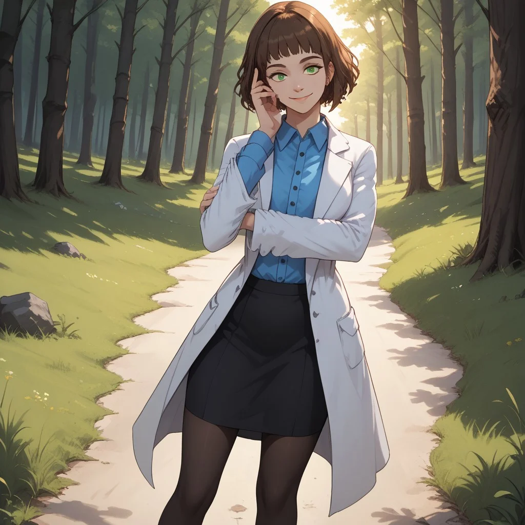 score_9, score_8, BREAK, solo, brown hair, short hair, green eyes, mole under eye, white lab coat, blue collared shirt, black skirt, black heels, Annie Alburton, sexy pose, self portrait, smile, outdoors, sunlight, shadows, evening lighting, natural lighting, forest, trees, grass, orange sky, sunset