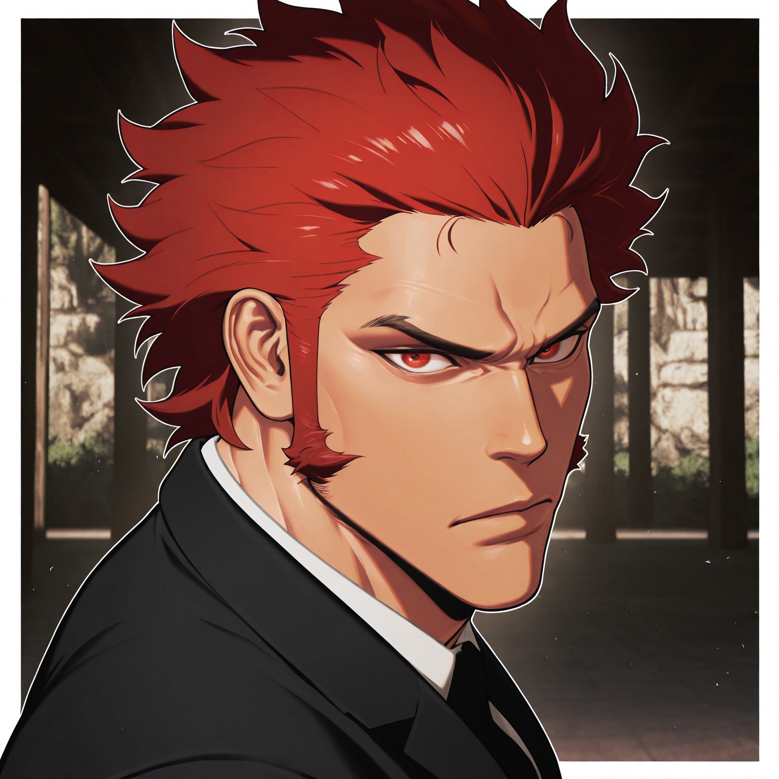 masterpiece, best quality, absurdres, newest, perfect quality, best quality, absolutely eye-catching, detailed background, intricate details, bara, 1boy, male, male focus, solo, mature, red hair, spiky hair, forehead, long sideburns, red eyes, (((white button-up shirt))), (((black suit))), (((black tie))), bara, muscular, large pectorals, large biceps, portrait, looking at viewer, side view, dynamic pose, outside scenery, white outline around character, white borders, visual effects, cinematic, very awa, best quality, absurdres, newest, perfect quality, detailed background, intricate details, (artist:rokudenashi:0.8), (artist:dizdoodz:0.7), (artist:gomtang:0.6)