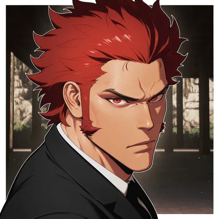 masterpiece, best quality, absurdres, newest, perfect quality, best quality, absolutely eye-catching, detailed background, intricate details, bara, 1boy, male, male focus, solo, mature, red hair, spiky hair, forehead, long sideburns, red eyes, (((white button-up shirt))), (((black suit))), (((black tie))), bara, muscular, large pectorals, large biceps, portrait, looking at viewer, side view, dynamic pose, outside scenery, white outline around character, white borders, visual effects, cinematic, very awa, best quality, absurdres, newest, perfect quality, detailed background, intricate details, (artist:rokudenashi:0.8), (artist:dizdoodz:0.7), (artist:gomtang:0.6)