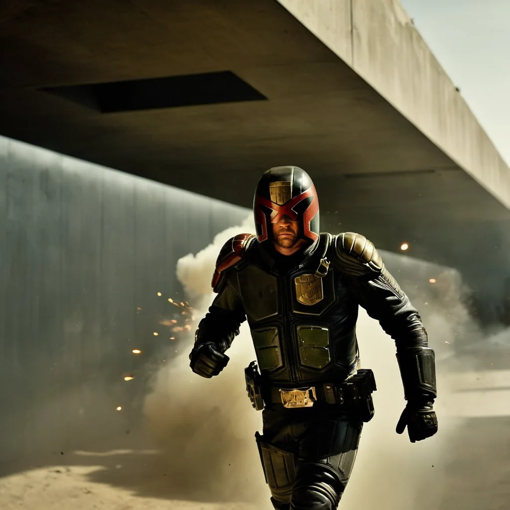 cinematic film still of <lora:Judge Dredd:1>
Judge Dredd a man in a black suit is running through a tunnel with an explosion in background, shallow depth of field, vignette, highly detailed, high budget, bokeh, cinemascope, moody, epic, gorgeous, film grain, grainy