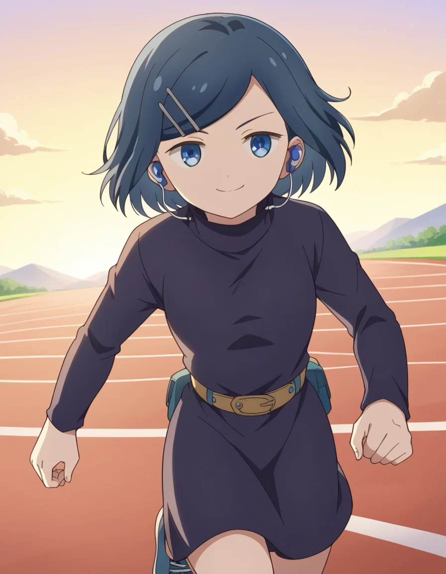 score_9, score_8_up, score_7_up, source_anime, <lora:dungeonpeople-clay-s1-ponyxl-lora-nochekaiser:1>, clay, short hair, blue eyes, black hair, hair ornament, blue hair, hairclip, swept bangs,, dress, belt, long sleeves, turtleneck,, suburban neighborhood, morning jog, earphones, running shoes, fresh air, sunrise, smile, looking at viewer, smug, solo,, cowboy shot, dutch angle