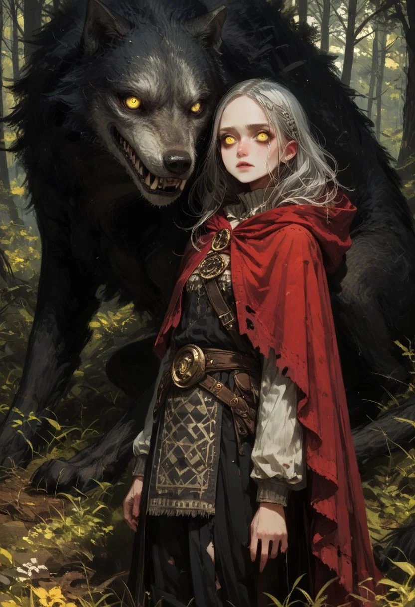 score_9, score_8_up, score_7_up, score_6_up, <lora:cr33pp41nt:1> cr33pp41nt, 1girl, platinum blond hair, innocent, red hood and cape, torn clothing, dark forest, wolf, feral, sharp fangs, yellow eyes, wolf chasing girl, Expressiveh