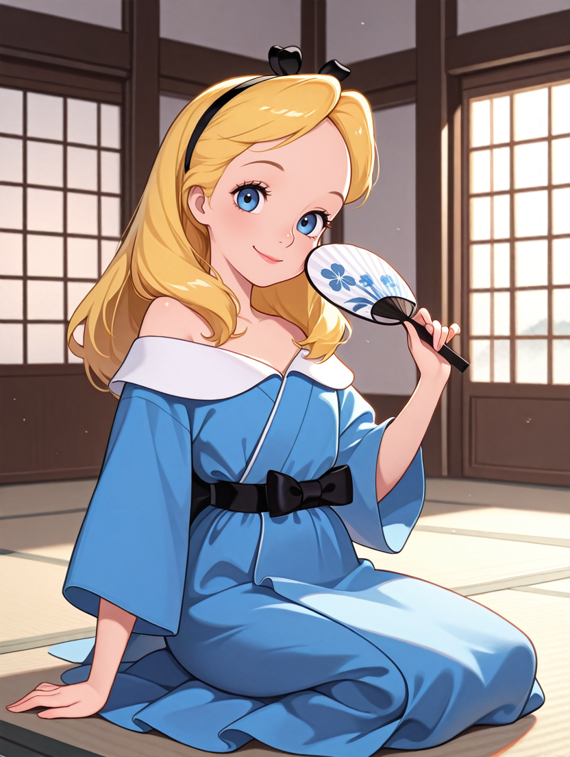 masterpiece, best quality, absurdres,
<lora:DisneyAlice:1.0>
DisneyAlice, 1girl, blonde hair, blue eyes, long hair, hairband, looking at viewer, holding hand fan, indoors, kneeling, Japanese architecture, smile, off-shoulder kimono