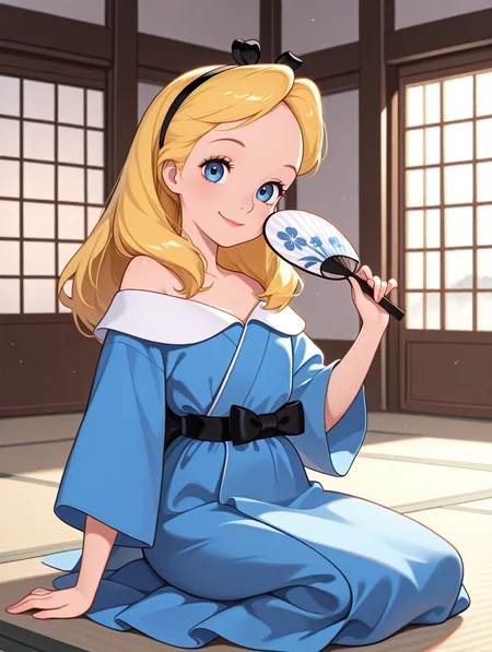 masterpiece, best quality, absurdres,
<lora:DisneyAlice:1.0>
DisneyAlice, 1girl, blonde hair, blue eyes, long hair, hairband, looking at viewer, holding hand fan, indoors, kneeling, Japanese architecture, smile, off-shoulder kimono