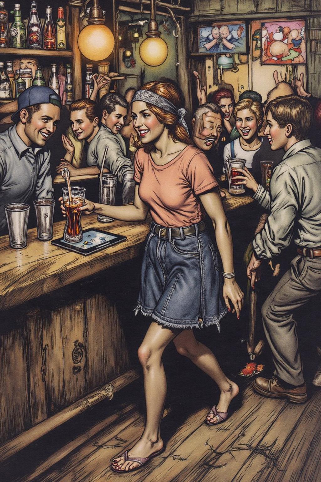 artrack1 illustration 
The air buzzes with the energy of a busy bar, a mix of music, conversation, and the clinking of glasses. A barmaid, the embodiment of youthful vibrancy, navigates the lively scene. She wears a peach-coloured T-shirt, the soft fabric contrasting with the smooth, cold glass of coke she carries on a small tablet. Her short skirt adds a playful touch, and a backwards baseball cap hints at a carefree attitude. The setting and atmosphere are palpable: the warm, slightly sticky surface of the bar counter under her fingertips, the dim, colourful lighting that casts playful shadows. Sensory details are abundant: the condensation forming on the glass of coke, the texture of her denim skirt, and the way the bar lights catch the highlights in her hair. Her confident stride, her quick smile, and her efficient movements. Stylistically, the image draws inspiration from the vibrant, candid shots of nightlife photographers, with a touch of the stylized realism found in contemporary illustration. There's a deliberate contrast between the barmaid's youthful energy and the slightly worn, lived-in atmosphere of the bar, creating a dynamic and engaging image.
 <lora:artrack1_nocap_d6a3:1.0><lora:812494245161222607:0>