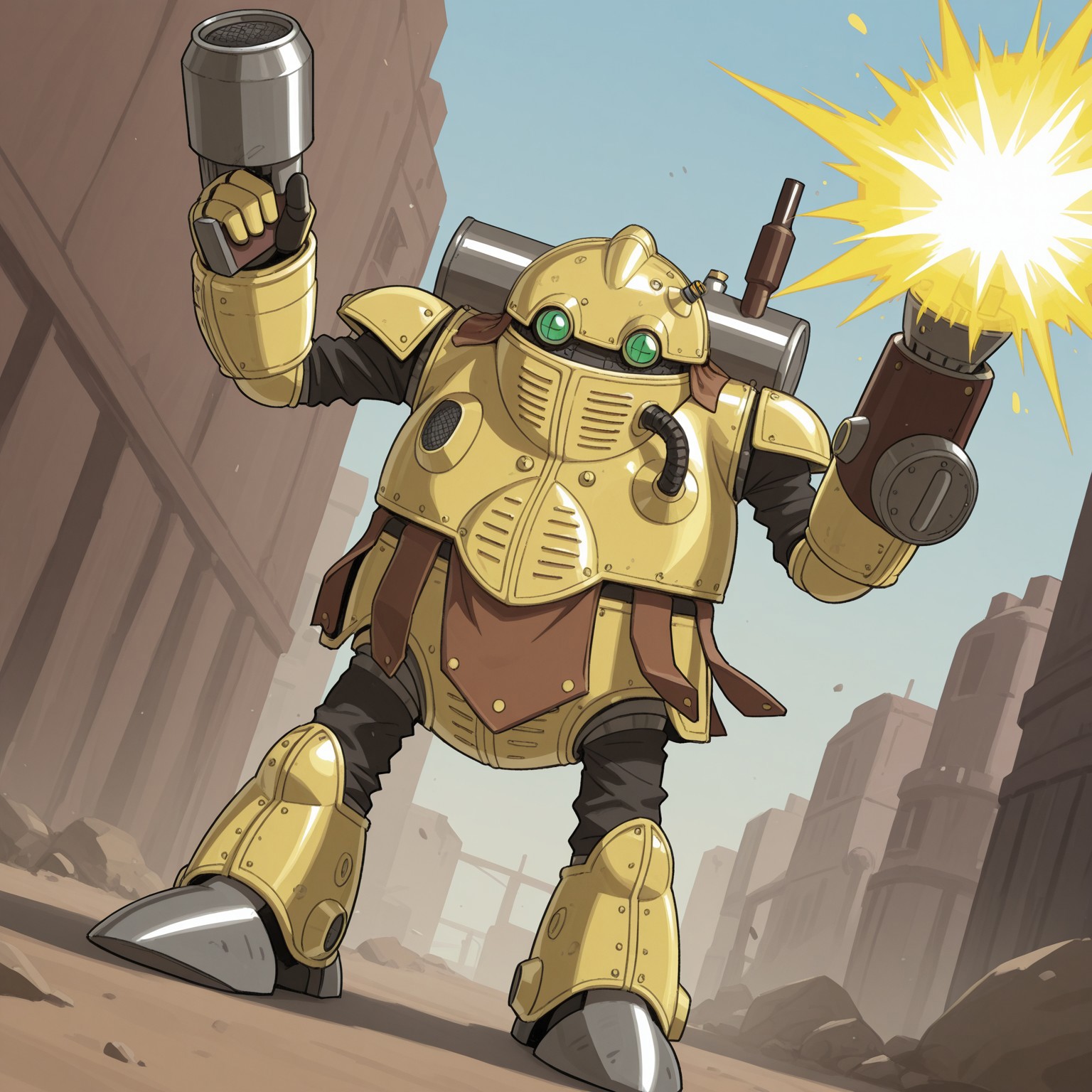 CTRobo, 2d, solo, male, robot, humanoid robot, machine, mecha, yellow body, green eyes, armor, single armcannon,

BREAK best quality, amazing quality, very aesthetic, absurdres, newest, outside, outdoors, charging energy blast, dynamic angle, cool pose
