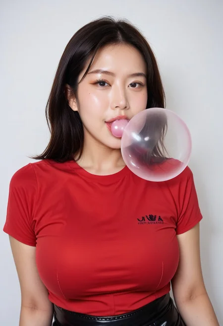white skin, photo of an 22-year-old Korean idol,masterpiece, best quality,smiling, realistic,score_9, score_8_up, score_7_up, full body shot, semi realistic,forehead, shot,black hair,mature asian,milf, 
1girl, female, huge breasts, thick thighs, wide hips, horny, lips, korean_race_queenv2,gini_S2,Realisian-Neg, (yellow and black checkerboard skirt),(stiped yellow and red suit), (dark-purple latex shirt),pantyhose, parted bangs,manhwa milf, queen bee ami, lips (blowing clear large bubblegum)