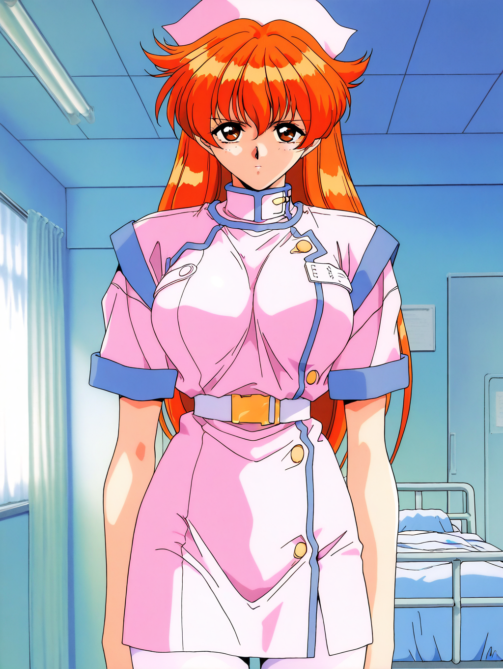 masterpiece, best quality, good quality, <lora:Nogiwa_Miho_OVA_IS:1>
Nogiwa_Miho_OVA, long hair, orange hair, bangs, brown eyes, large breasts, 1990s (style) 1girl, solo, nurse, hat, pantyhose, nurse cap, serious, hospital room, looking at viewer, white pantyhose, belt, short sleeves,