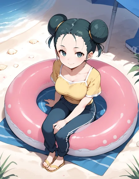 score_9, score_8_up, score_7_up, score_6_up, BREAK source_anime, best quality, masterpiece,
1girl,forehead,double bun,medium breasts,<lora:tuber orasPonyXL:0.8>,tuber oras,(yellow shirt,short sleeves:1.2),pants,sandals,full body,sitting,on beach towel,smile,looking at viewer,beach,holding innertube,from above