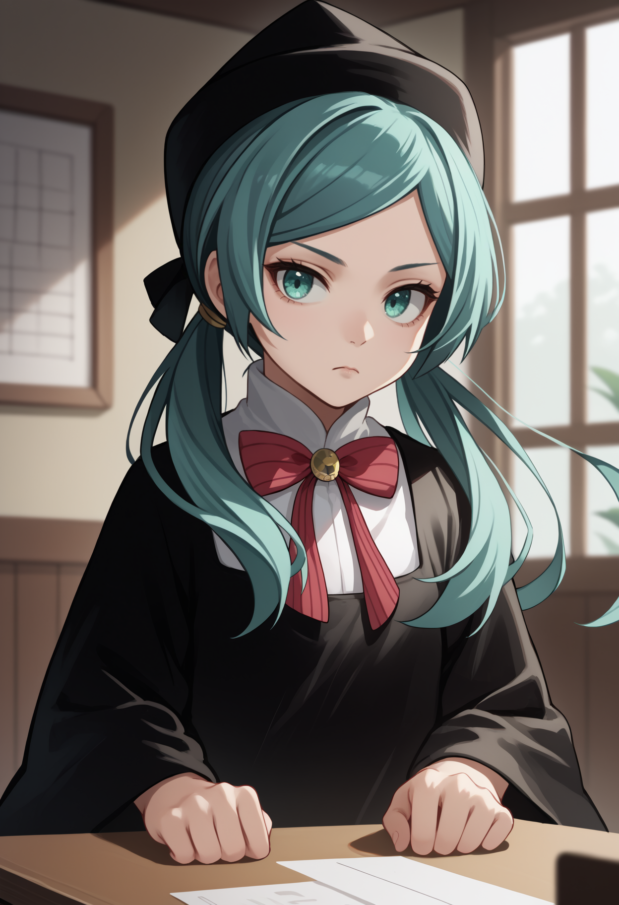 score_9, score_8_up, score_7_up, source_anime, <break> upper body, solo, 1girl, saibanmiku, expressionless, closed mouth, looking at viewer, long hair, aqua hair, twintails, black headwear, hat, aqua eyes, black dress, white shirt, red bowtie, long sleeves, wide sleeves, indoors, table
<segment:yolo-face_yolov8m.pt,0.4,0.5//cid=1>