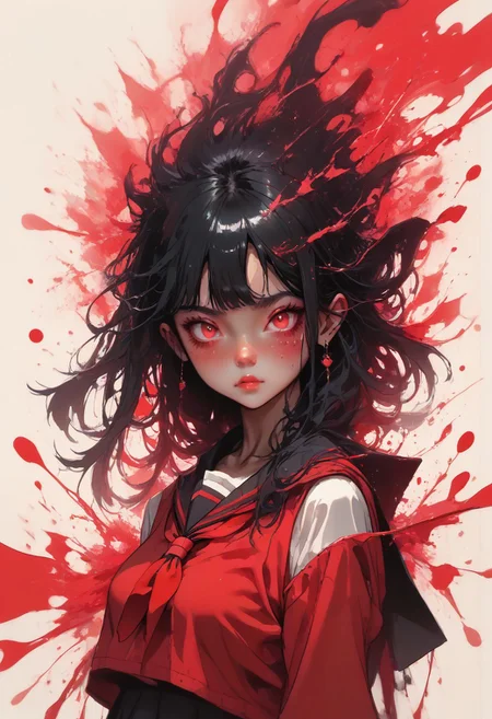score_9, score_7_up, 1girl, red eyes, black hair, hourglass figure:1.3, seifuku:1.4, monochrome:1.4, color splash:1, high contrast, masterpiece, best quality