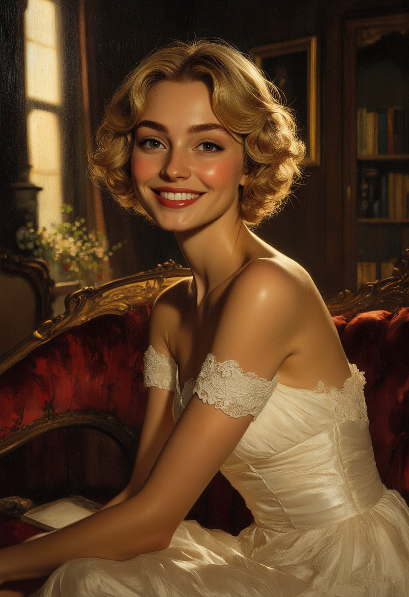 Realistic oil painting in the style of old masters. A young woman with a glowing complexion and a warm, cheerful smile. She has short, curly blonde hair in soft waves, sparkling kind eyes. Wearing an elegant, off-the-shoulder cream gown with lace trim and a fitted bodice, soft texture with a gentle sheen. She sits on a plush red velvet sofa in a richly decorated, dimly lit room with dark wood paneling and golden accents. Warm golden lighting enhances the intimacy and elegance. Background is soft and moody, evoking classic portraiture. High detail, painterly textures, serene, elegant, timeless atmosphere., <lora:Anime Art V3:0.7> <lora:aidmaMJ6.1_v0.5_3:0.6> <lora:Dever_Flux_Enhancer:0.3>