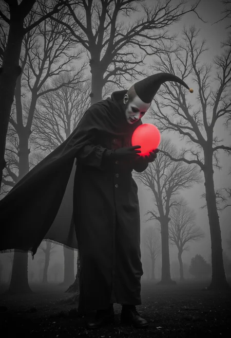 mmstyle, neon-mist, nelisty, A monochrome, faded close-up of an eerie, ethereal clown.