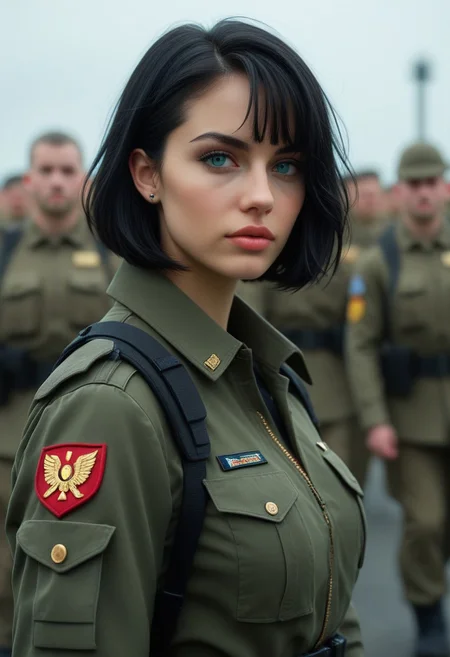 HUD, 4k, (Highly detailed and stylized portrait of an historical female soldier from the 16th century:1.85). The subject is a young woman with fair skin, short wavy black hair, and piercing blue eyes. ((One beautiful woman)), with black hair, wavy black hair, bob cut hair, big bust, athletic build, muscular,
One beautiful woman, with black hair, 
((random detailed background))
 (8k uhd:1,4)
(((full-clothed))),
 <lora:add-detail-xl:1>
 <lora:Dynamic Poses:1>