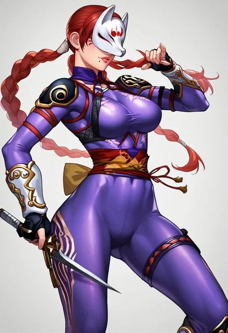 score_9, score_8_up, score_7_up,derpibooru_p_95,
source_anime, very aesthetic, anime screencap, anime coloring,
kunimitsu, kunimitsu \(tekken\), kunimitsu costume3 \(tekken\), 1girl, solo, long hair, breasts, large breasts, weapon, braid, red hair, signature, armor, mole, bodysuit, mask, mole under mouth, skin tight, ninja, fox mask, kunai, purple bodysuit