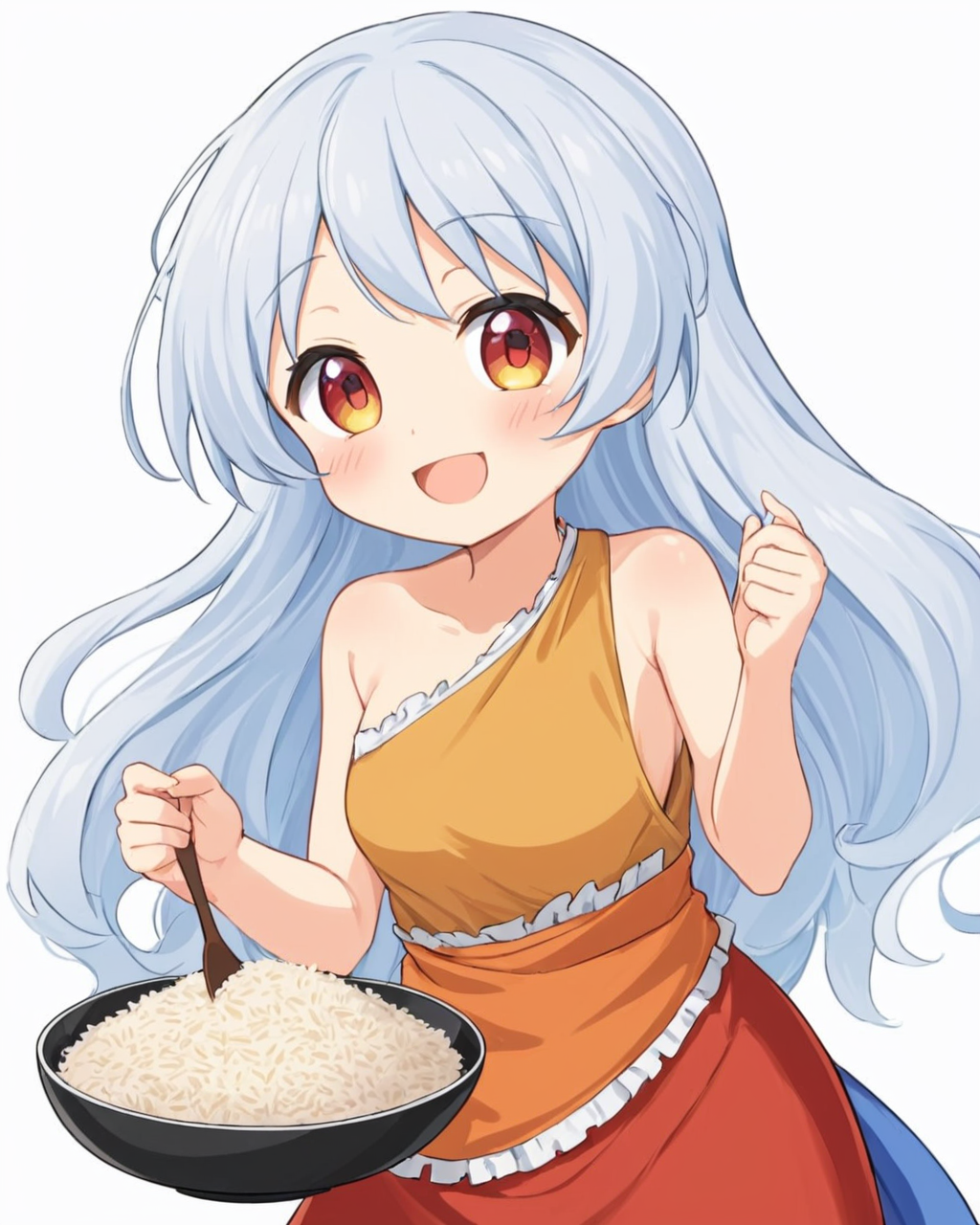 sakata nemuno,1girl, solo, rice, open_mouth, holding_bowl, white_background, rice_bowl, simple_background, smile, fang, one-hour_drawing_challenge, shamoji, single_strap, multicolored_dress, blush_stickers, orange_dress, white_apron, ^_^, red_dress, food, bare_shoulders
<lora:sakata_nemuno_image573_2023-12-20-000015:1>,star-shaped_pupils,symbol-shaped_pupils,. gorgeous,key visual, vibrant, studio anime,award-winning, professional, highly detailed,high budget, cinemascope