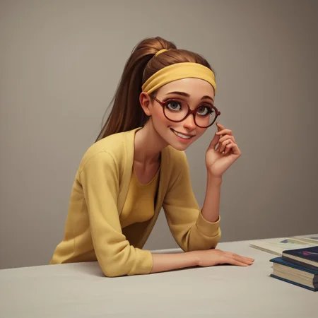 score_9, score_8_up, score_7_up, score_6_up, score_5_up, score_4_up, rating_questionable, 1girl, Hon_Lem, Glasses, smiling, skinny, tall, small saggy breasts, bending over, looking back at viewer, yellow headband, thin yellow shirt