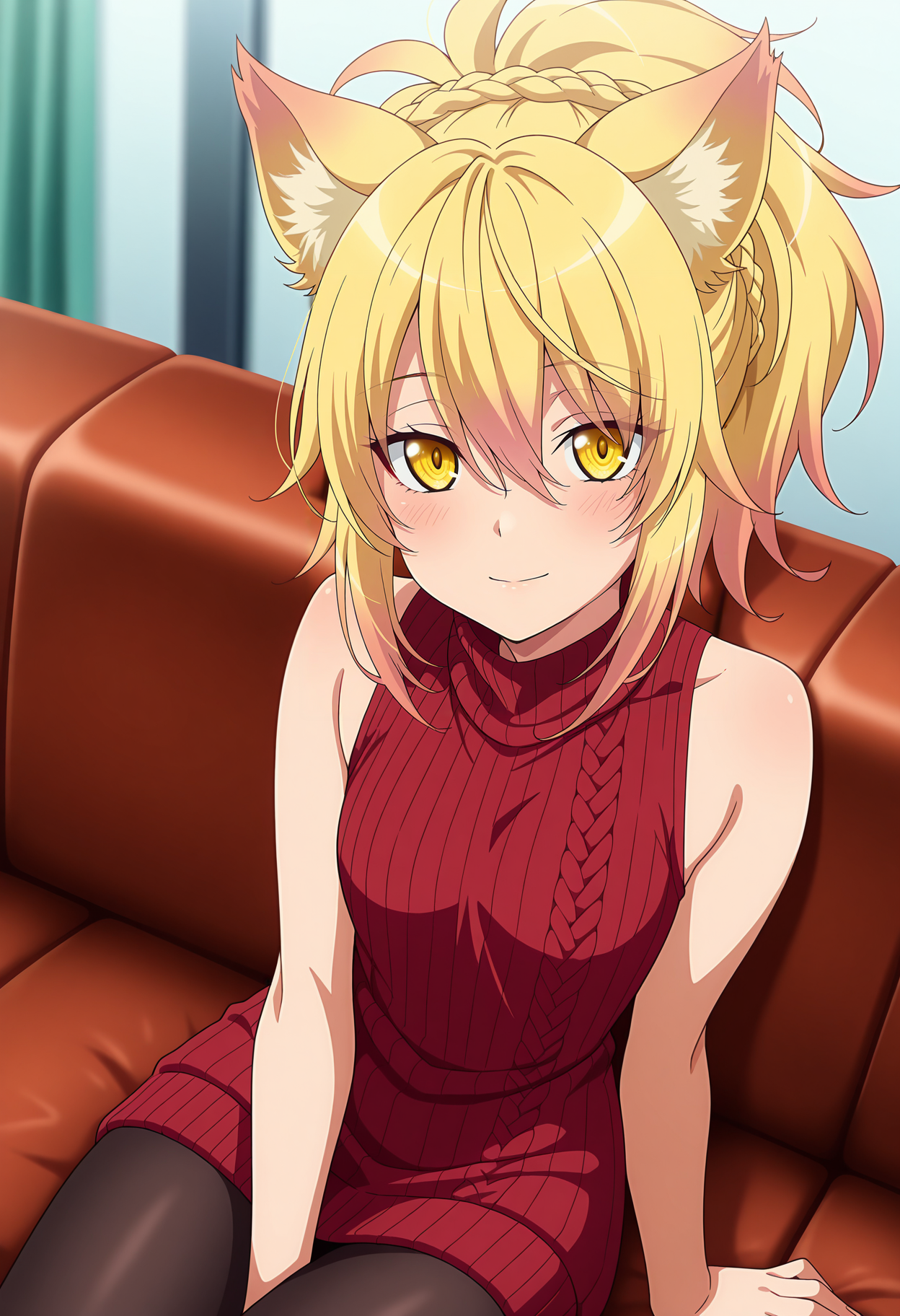 anime screencap, masterpiece, best quality,
<lora:HighSchoolDxDHERO_Kunou_IlluXL:0.9>,
1girl, solo, closed mouth, light smile, blush,
ponytail, multicolored hair, blonde hair, crown braid, hair between eyes, yellow eyes, fox ears,
turtleneck dress, sleeveless dress, ribbed sweater, sweater dress, red dress, black pantyhose,
sitting, looking at viewer, dutch angle,
blurry background, indoors, couch