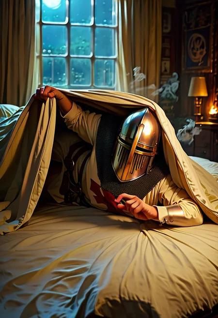 score_9, score_8_up, score_7_up, score_6_up, source_anime, 2d, 1girl, solo, on bed, on side, laying, steam, dark, night, (bedinvite), bed invitation, under covers, (laying), templar, knight, helmet, looking at viewer, bedroom background, <lora:ShadNewLycoXL:0.2> <lora:hutagoXL:0.4> <lora:Sqz_Style_PonyXL:0.15> <lora:bedinvite:0.8> <lora:AfrobullLycoXL:0.4>