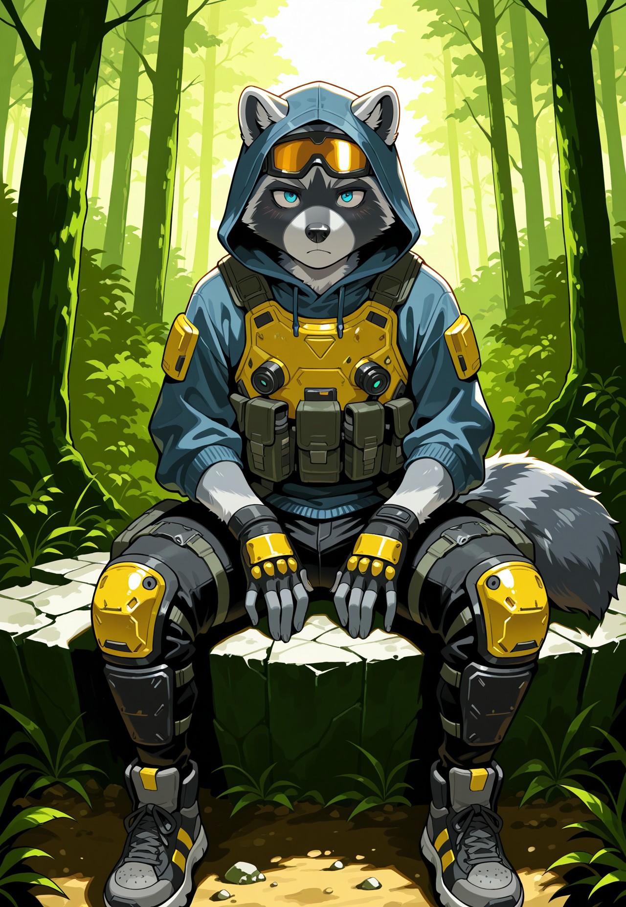 masterpiece,best quality, amazing quality,1boy, solo, Gray raccoon, Furry gray raccoon, fluffy tail, 5 fingers,  raccoon Blue eyes, black nose,  sneakers, black jeans, blue hoodie, tactical black body armor, yellow ski goggles on eyes under hood, hood, fingerless gloves, knee pads and shin guards, stalker and Titanfall style suit.  sitting on the threshold, against the background of the forest, fingers visible , 5 fingers. against the background of a forest with ruins of buildings. The ears are triangular like a wolf's and longer  