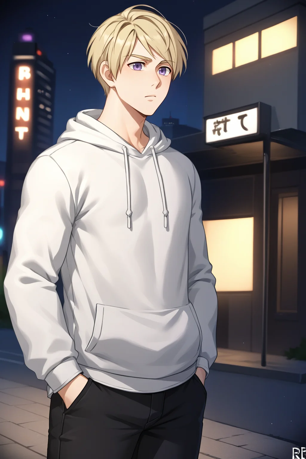 score_9, score_8_up, source_anime, 1boy, male focus, solo, <lora:NSFinlandHetalia:1> NSFinlandHetalia purple eyes, blonde hair, white hoodie, hands in pockets, outdoors, night, city, black background, black pants, rude expression