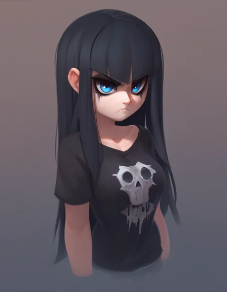 lineless, source_cartoon, score_9, score_8_up, score_7_up, score_6_up, score_5_up, score_4_up, BREAK 1girl, frown, grimace, goth, black hair, long hair, blue eyes, <lora:MysticalPlantPenetratorPDXL:1>