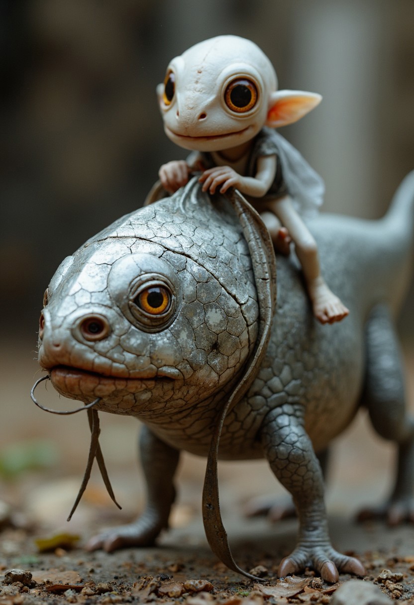 Capture the essence of a silverfish in intricate detail: its shimmering, silver-scaled skin, with a close-up view revealing the intricate features of its face and insect-like eyes. Perched atop its back, a gleeful Busty smoke elfish creature pulls firmly on the reins of its silverfish steed.