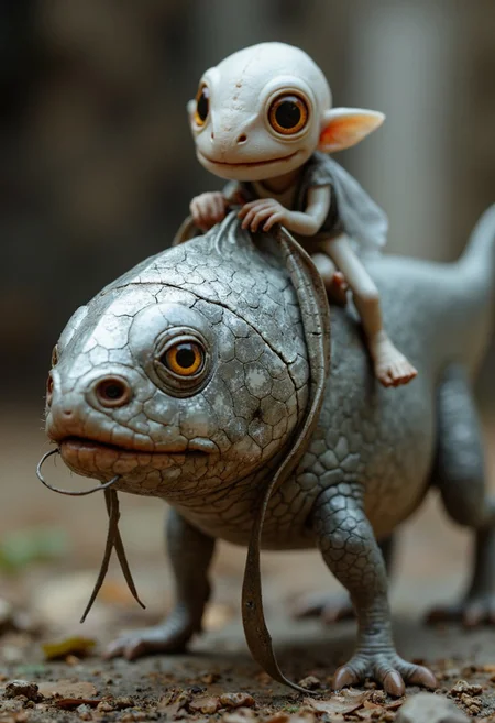 Capture the essence of a silverfish in intricate detail: its shimmering, silver-scaled skin, with a close-up view revealing the intricate features of its face and insect-like eyes. Perched atop its back, a gleeful Busty smoke elfish creature pulls firmly on the reins of its silverfish steed.