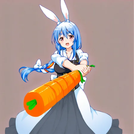 A pekomama holding a carrot sword. <lora:Ichimonji:0.9>,two hand <lora:my_pekomama:0.8>