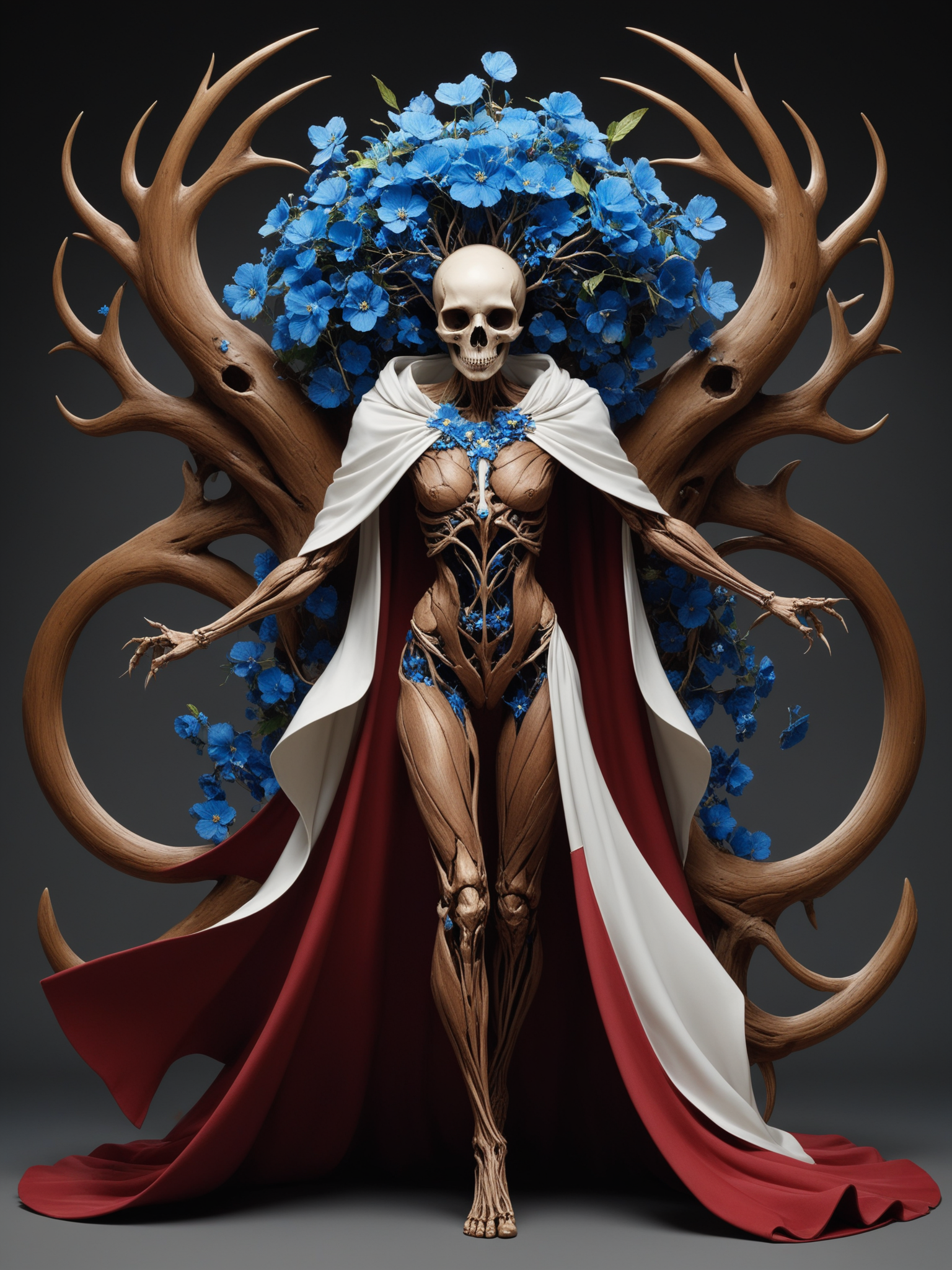 [The overall design features a mix of organic and geometric shapes, creating a contrast between chaos and order. This further emphasizes the internal conflict experienced by the character. The red robes signify passion, anger, and intensity, while the white cape represents purity and protection.|a anbstract representation of a woman, made up from a skull with a tree and leaves on it, inspired by Alberto Seveso, sylvain sarrailh and igor morski, discord picture, thorn crown, detailed full body, portal, edgar maxence and ross tran, eyeless, crown of blue flowers, made of intricate metal and wood, dren from splice, cartoonish]