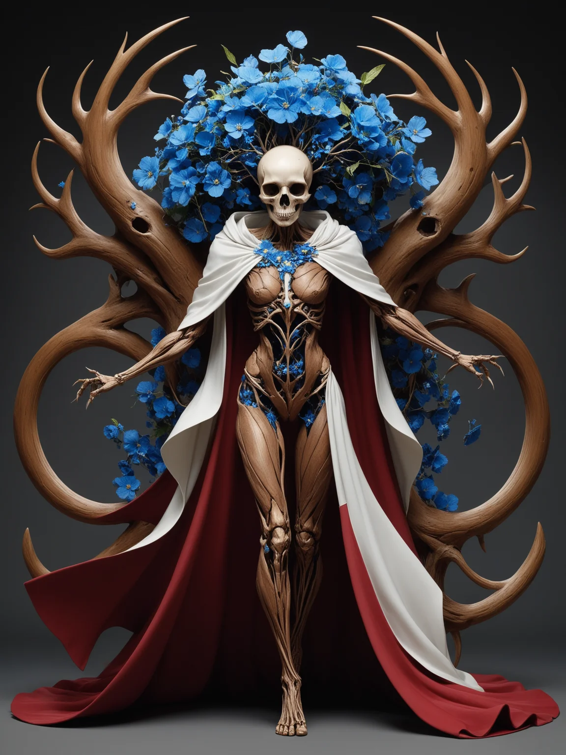 [The overall design features a mix of organic and geometric shapes, creating a contrast between chaos and order. This further emphasizes the internal conflict experienced by the character. The red robes signify passion, anger, and intensity, while the white cape represents purity and protection.|a anbstract representation of a woman, made up from a skull with a tree and leaves on it, inspired by Alberto Seveso, sylvain sarrailh and igor morski, discord picture, thorn crown, detailed full body, portal, edgar maxence and ross tran, eyeless, crown of blue flowers, made of intricate metal and wood, dren from splice, cartoonish]