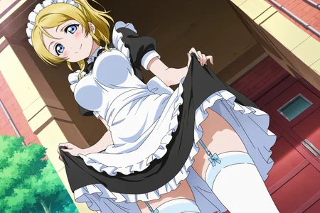 anime screencap, anime coloring, detailed face, masterpiece, best quality, very aesthetic, absurdres, volumetric lighting, official style, amazing quality, ultra detailed, highres, amazing quality, scenery, beautiful detailed hair, beautiful detailed eyes,
<lora:StS-Illustrious-Detail-Slider-v1.0:4>
<lora:Eli_Ayase_Love_Live:1>
outdoors,
Eli Ayase (character), 1girl, ayase eli, blonde hair, solo, maid, blue eyes, thighhighs, garter straps, ponytail, smile, maid headdress, apron, white thighhighs, from below, clothes lift, blush, dutch angle