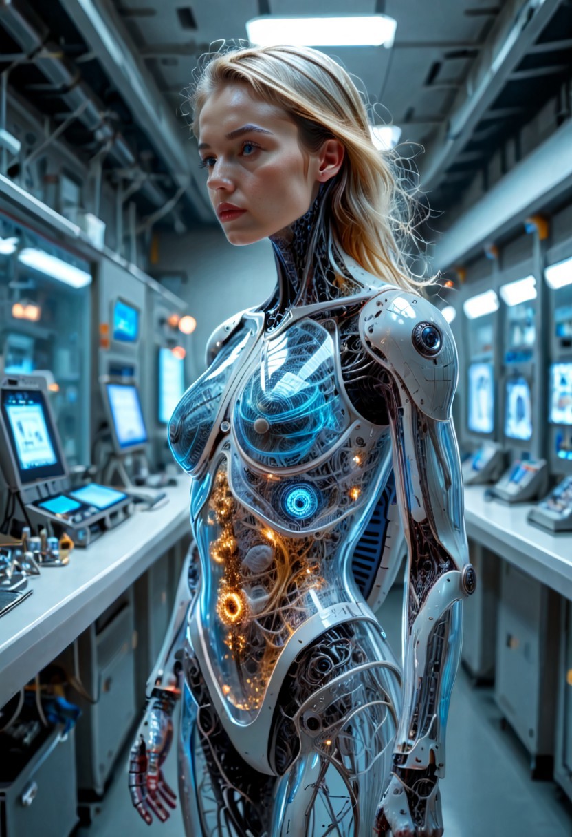 BODY SHOT, extremely detailed, 8k, (BEAUTIFUL BLONDE FEMALE ANDROID:1.3),  BLUE EYES, IN A HIGH TECH FUTURISTIC LABORATORY, LEDS, BIOMECHANICAL BODY PARTS, (TRANSPARENT ULTRA DETAILED BODY shell:1.5) SHOWING blue and gold CIRCUITRY shining bright INSIDE THE BODY, Detailed hand, (DYNAMIC POSES :1.5),  ,EyesHD,Expressiveh
