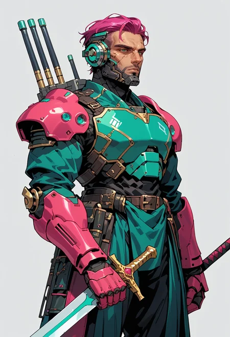 score_9, score_8_up, score_7_up, mechanical armor, solo, robot, holding, standing, male focus, simple background, armor, holding sword, shoulder armor, gauntlets, full armor, Mint Green and Magenta,
<lora:ArmorPunkV4:1> arm0rpunkv4,