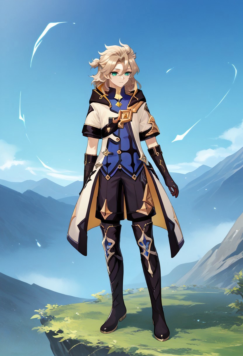score_9, score_7_up, source_anime 

albedo, 1boy, male focus, solo, aqua eyes, blonde hair, medium hair, side braid, hair between eyes, parted bangs, short ponytail, star (symbol), tattoo, tattoo on neck, shirt, blue shirt, vision (genshin impact), short sleeves, coat, white coat, hooded coat, hood, hood down, open coat, open clothes, shoulder belt, gloves, black gloves, shorts, black shorts, black pantyhose, thigh boots, black footwear,  full body. wind,

outdoor, sky, mountains, 