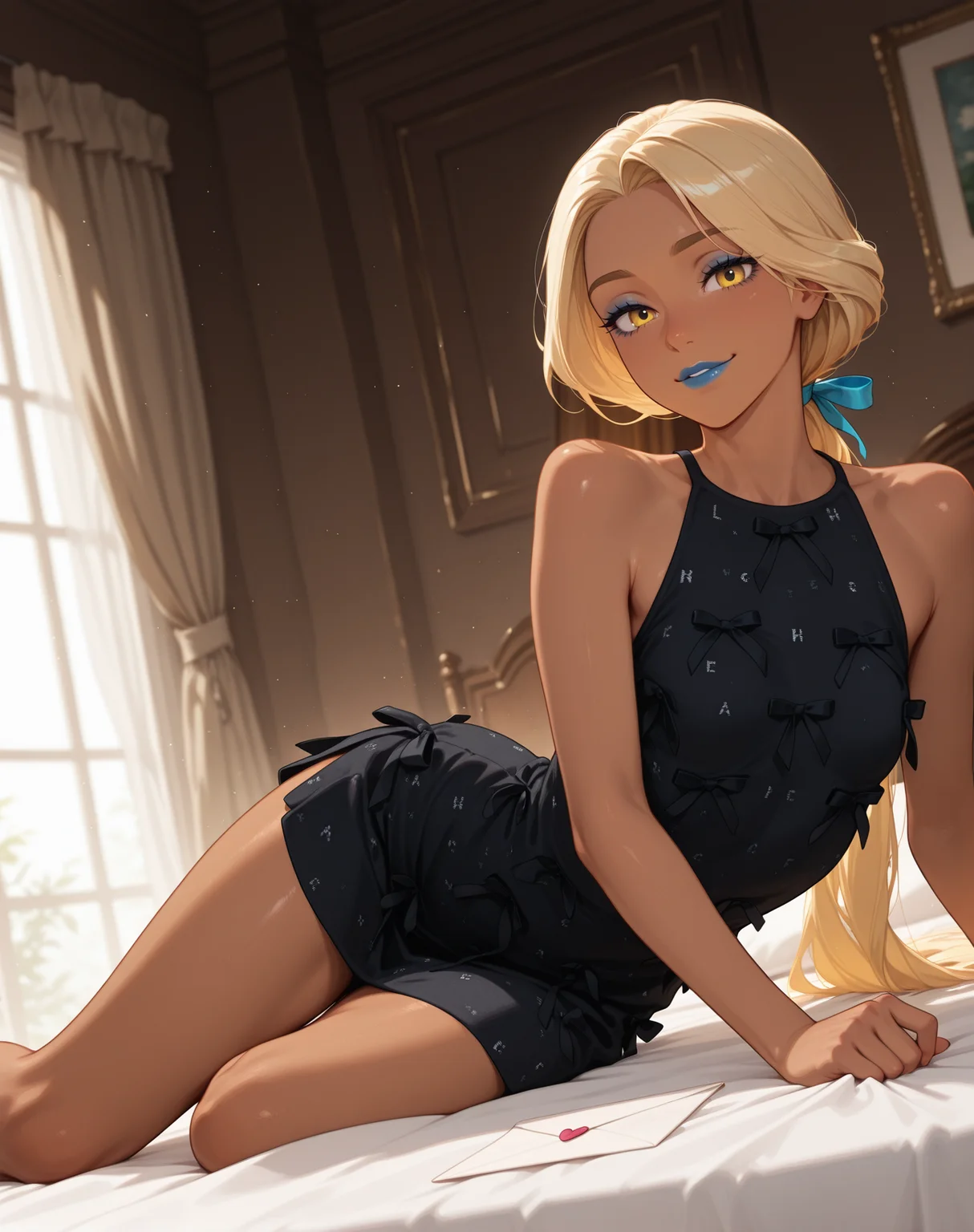1boy, Rapunzel\(Movie\) style, (Pixar\(movies\):1.15), masterpiece,best quality,amazing quality, volumetric light, newest, Perfect detailed face, solo, sexy pose, professional illustration composition,
an illustration of a confident dominant Transgirl, Trap, Feminized boy, Blonde, skinny, low ponytail, Yellow eyes, dark skin, Blue lipstick, blue mascara, voluminous hair, long body, mature, small breasts, slicked hair, side bangs,
<lora:Chanel_2023_LBD_Little_Black_Dress:0.8> Black Dress, ribbon pattern, letter pattern, short dress, lie on side, on bed, teasing, hair ribbon,
BREAK Masterpiece, best quality, amazing quality, HDR, 4K, volumetric light, newest, Perfect detailed face, Pixar\(movies\), Disney Princess,