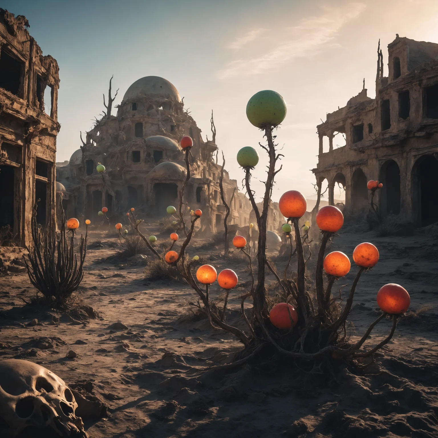 Create an eerie, desolate wasteland scene where otherworldly plants have overtaken the remnants of human civilization. Alien-looking flora with glowing fruits and bizarre, twisted forms sprout from cracked, arid soil, surrounding the skeletal remains of old buildings. The sky is a perpetual dusk, casting a surreal glow that reflects off the strange vegetation, suggesting an alien conquest of Earth. Photorealistic, Cinematic, Bokeh.
<lora:add-detail-xl:1> <lora:MJ52:0.2>