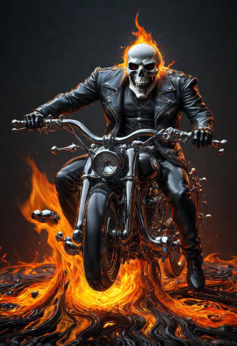 (masterpiece))
A etheral Ghost Rider,
HDR, hyper realistic, 
Black goo,
godly auburn light, flames, damned soul,