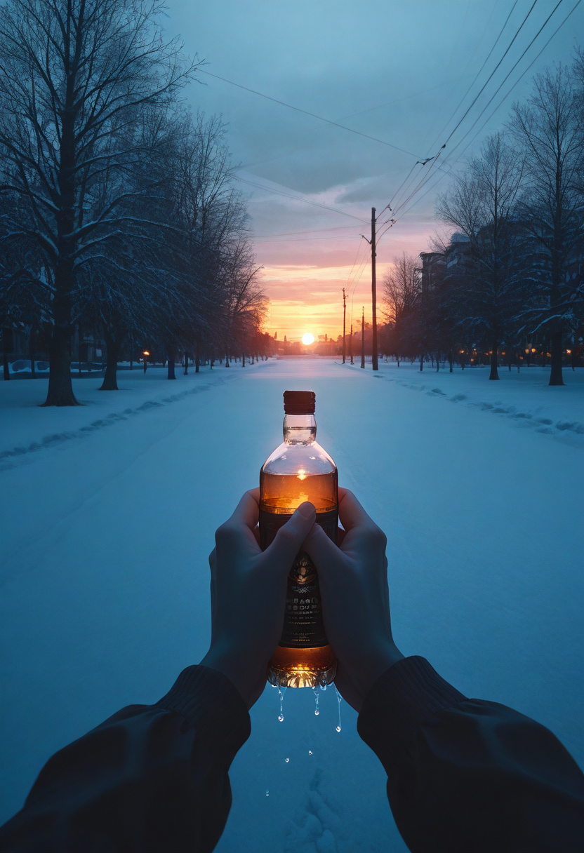 cinematic photo night shot of golden hour shot of blue hour shot of (masterpiece), (best quality), (ultra-detailed), looking at viewer, 
<lora:dark_v1.9-pony:0.9> dark theme,<lora:NOOB_vp1_detailer_by_volnovik_v1:1.4>  <lora:ebenya:0.8> ebenya, building, outdoors, city, rainy day in a small Russian town,  overcast weather, wet trees,  tree,   a disheveled man lying in a snowdrift on a cold winter street, worn-out clothes covered in snow, a bottle of cheap alcohol clutched in his hand, pale and unshaven face, frost on his eyebrows, dim streetlights casting a faint glow, empty and quiet urban surroundings, a sense of loneliness and despair, from above. Cool light, twilight, peaceful, moody. Warm light, sunset/sunrise, magical, serene. Dark, lit, moody, mysterious . 35mm photograph, film, bokeh, professional, 4k, highly detailed